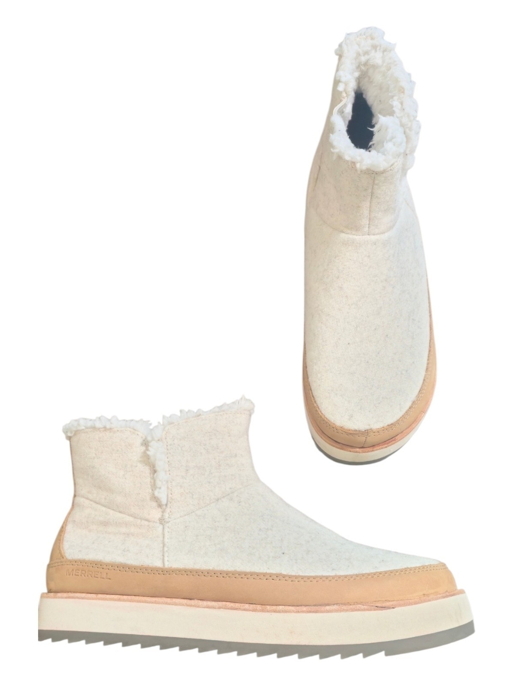 Merrell Juno Pull-On Wool Winter Ankle Boots Cream Camel Fleece Lined W 7.5 Warm